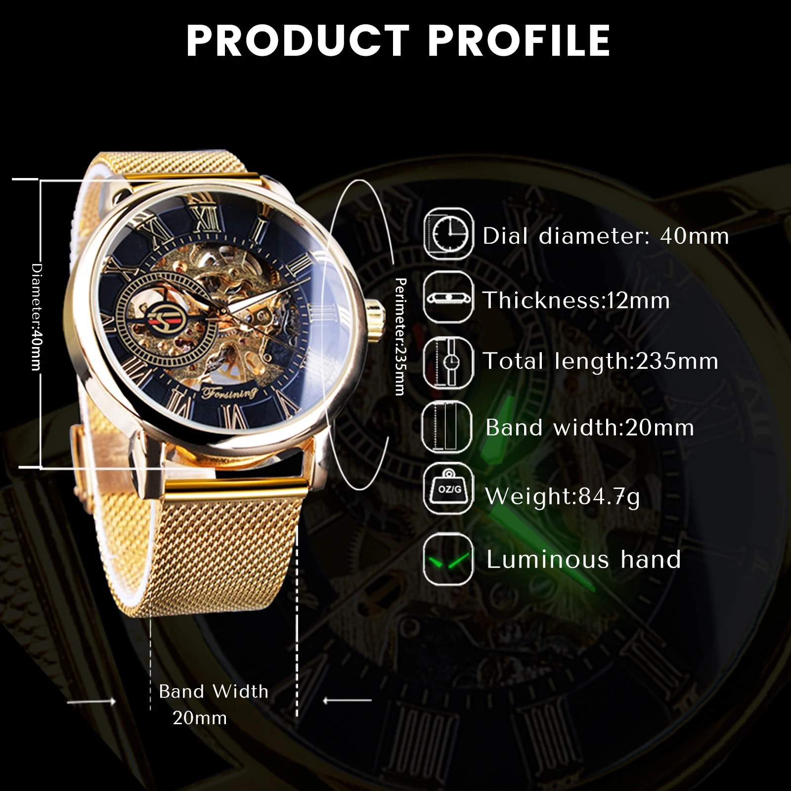 Forsining Classic Gold Mechanical Watch Retro Transparent Skeleton Mens Watches Top Brand Luxury Mesh Stainless Steel Strap Glow