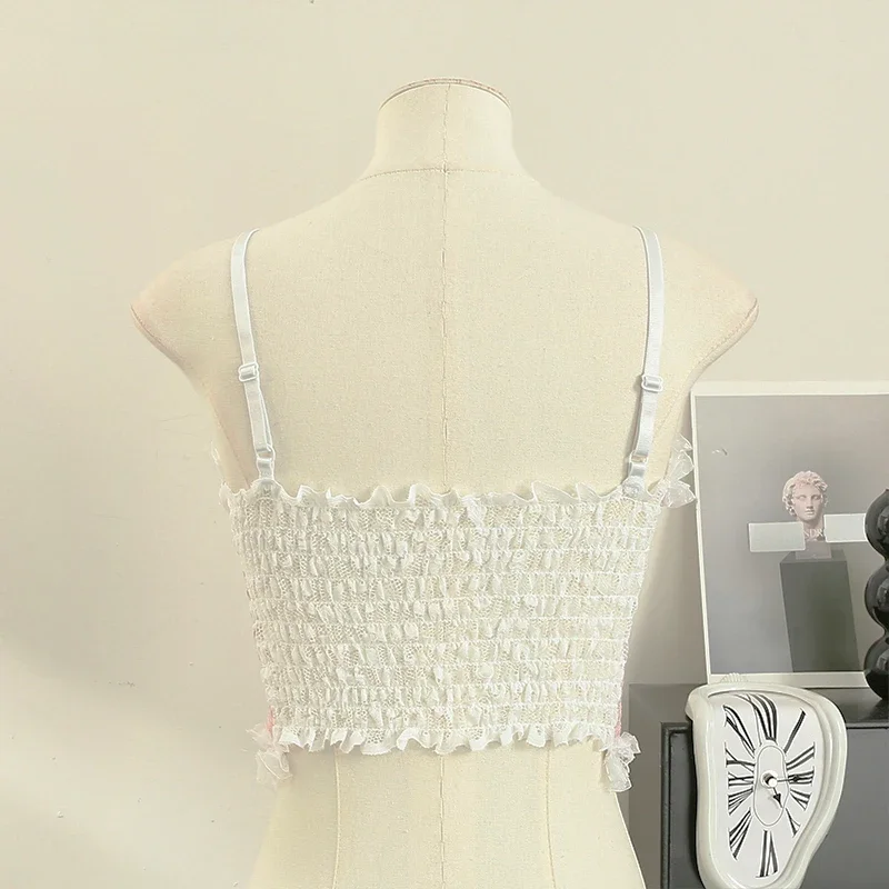 女性の裸の肩のレースのタンクトップ、ブラパッド付きのボタンチューブトップ、伸縮性のあるプリーツ、背中の開いたキャミソール、甘い、セクシー、y2kファッション、新しい