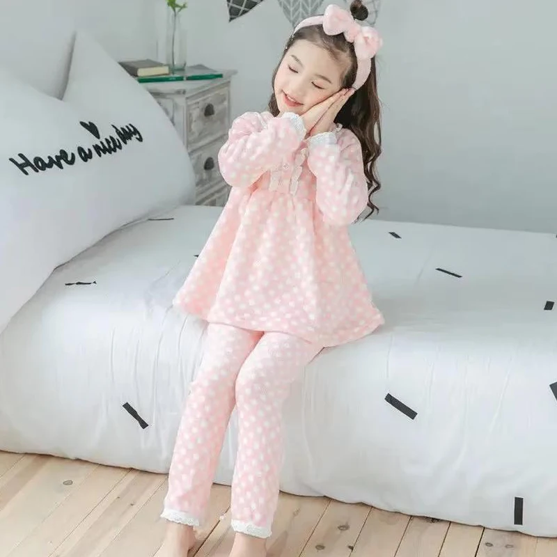 

Princess Style Children Pajamas Set Simple Solid Color Flannel Girls Long-sleeved Pajamas Autumn Winter Baby Warm Home Clothes