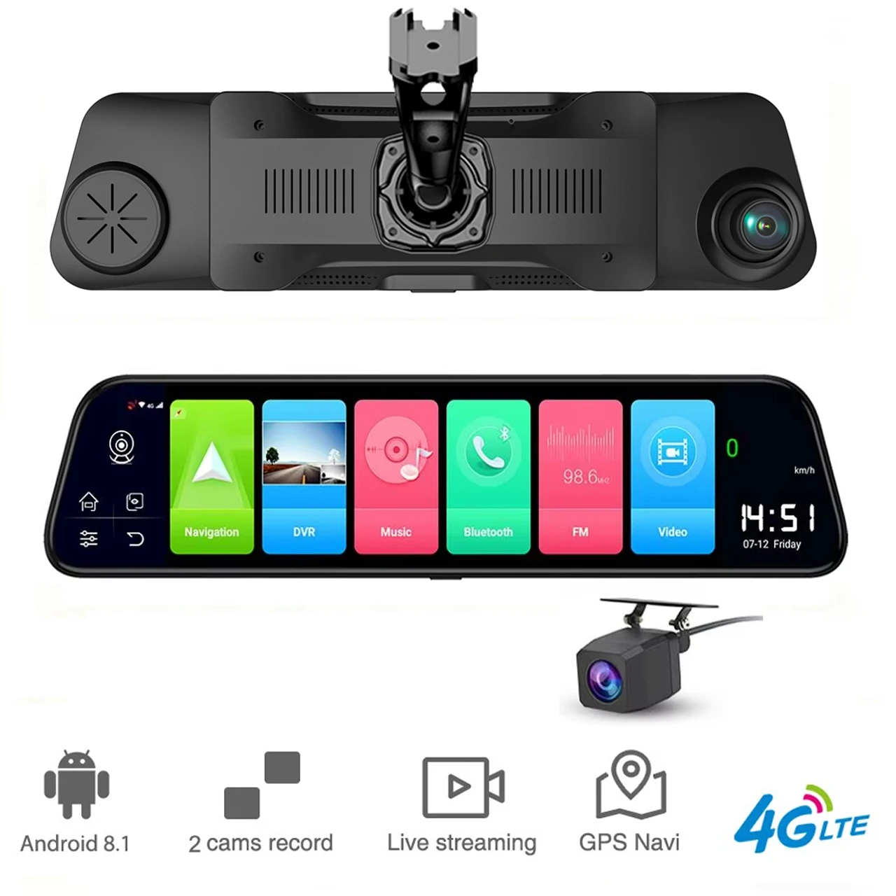 Cámara DVR para Auto de Última Generación con 4G, ADAS, Pantalla de 12 Pulgadas, Android, Reproductor Multimedia, Espejo Retrovisor, GPS, Navegación, Cámara de Reversa, Grabadora de Video para Auto