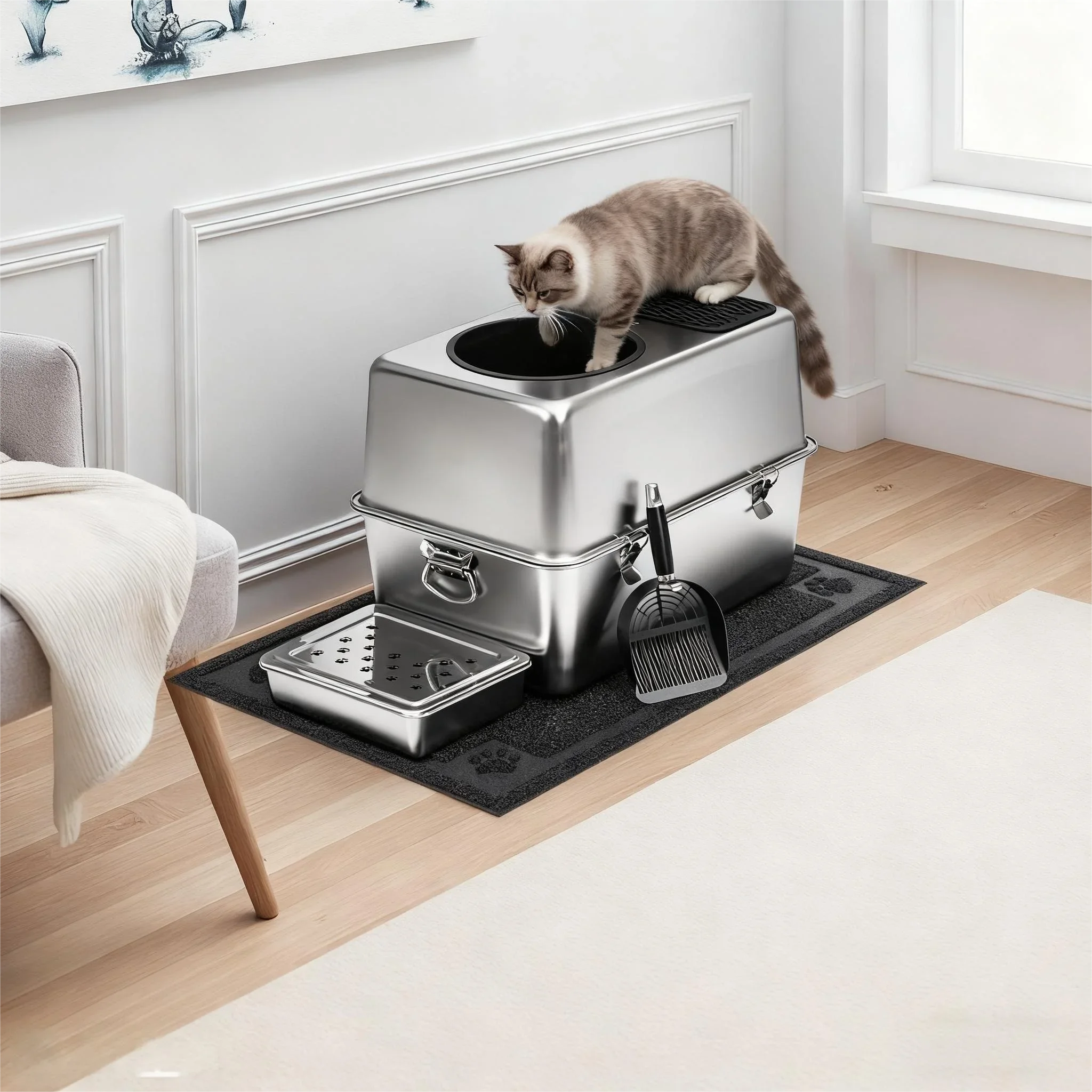 304 Stainless Steel Fully Enclosed Top-Entry Cat Litter Box Anti-Splashing Odor-Controlling Dust-Free Easy-Cleaning