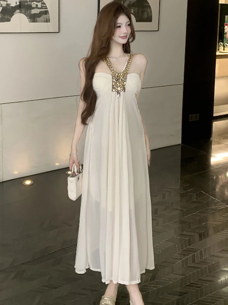 

Solid Mesh Patchwork Diamonds Neck-mounted Sexy Dress for Women Summer Elegant Luxury Dress 2025 Korean Vintage Bodycon Vestidos