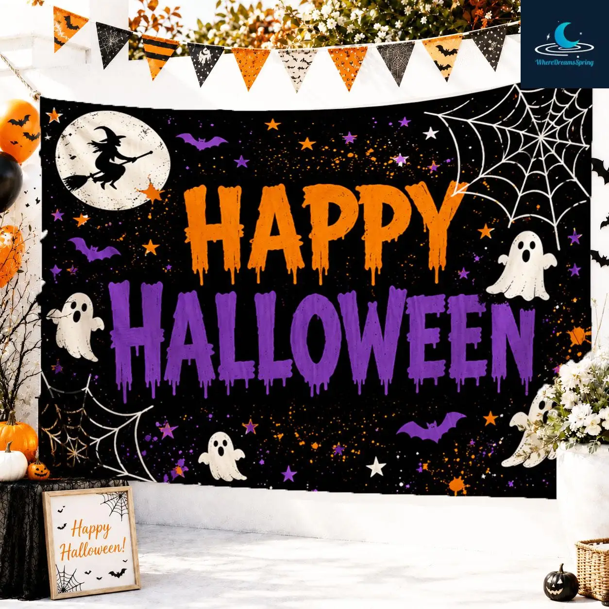 Spooky Halloween Tapestry Banner, Ghost Web Wall Hanging, Witch Moon Decor, Haunted Party Backdrop
