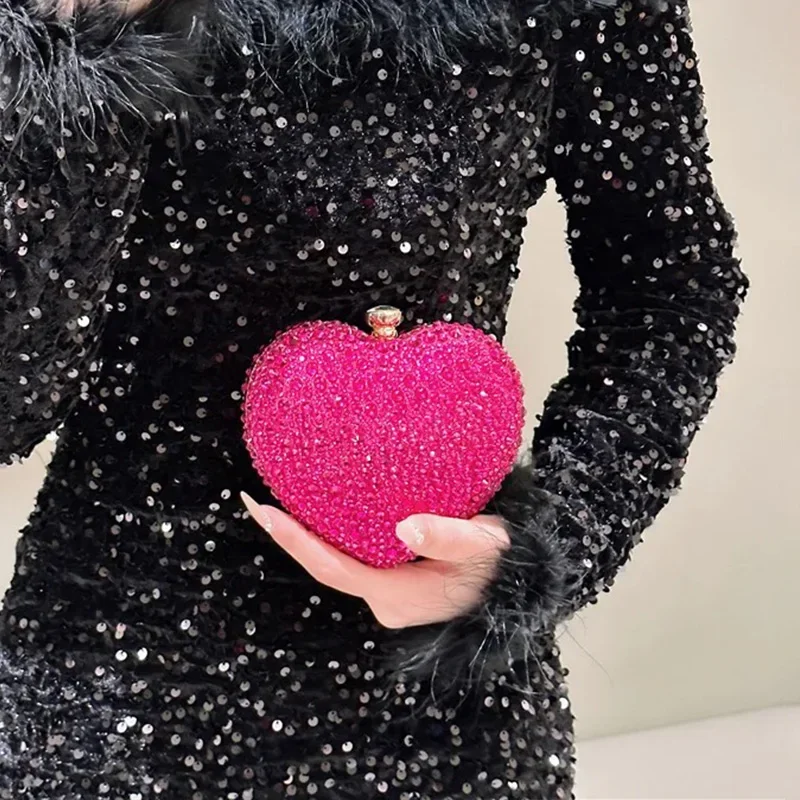 Gold Purple Luxury Diamond Inlay Heart Shape Crystal Clutch Purse Evening Wedding Party Shoulder Bag Rhinestone Clutches Bags