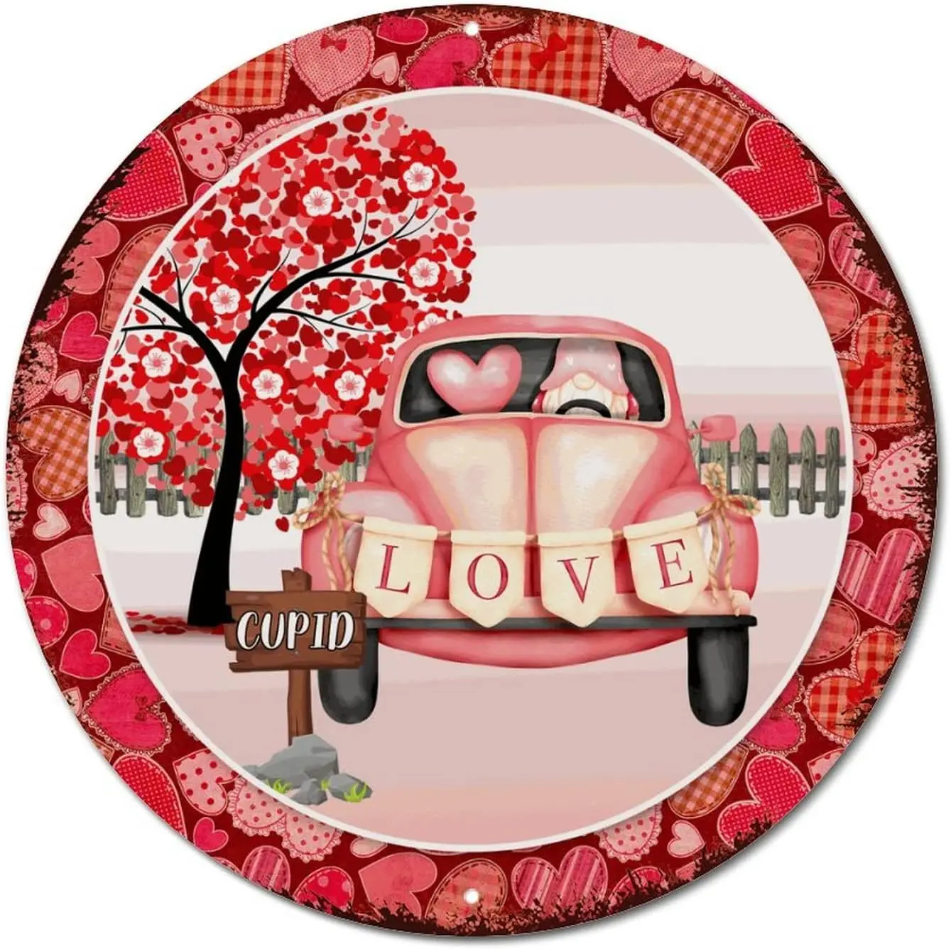 Valentines Day Love is in The Air Truck and Gnome Round Tin Signs Wedding Gift Retro Aluminum Metal Sign Sign Plaque Christmas D