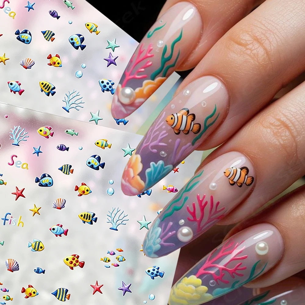 1/2Pcs 5D Embossed Ocean Fish Nail Stickers Cute Cartoon Colorful Seashell/Starfish/Coral Adhesive Nail Decal Summer Nail Suppli