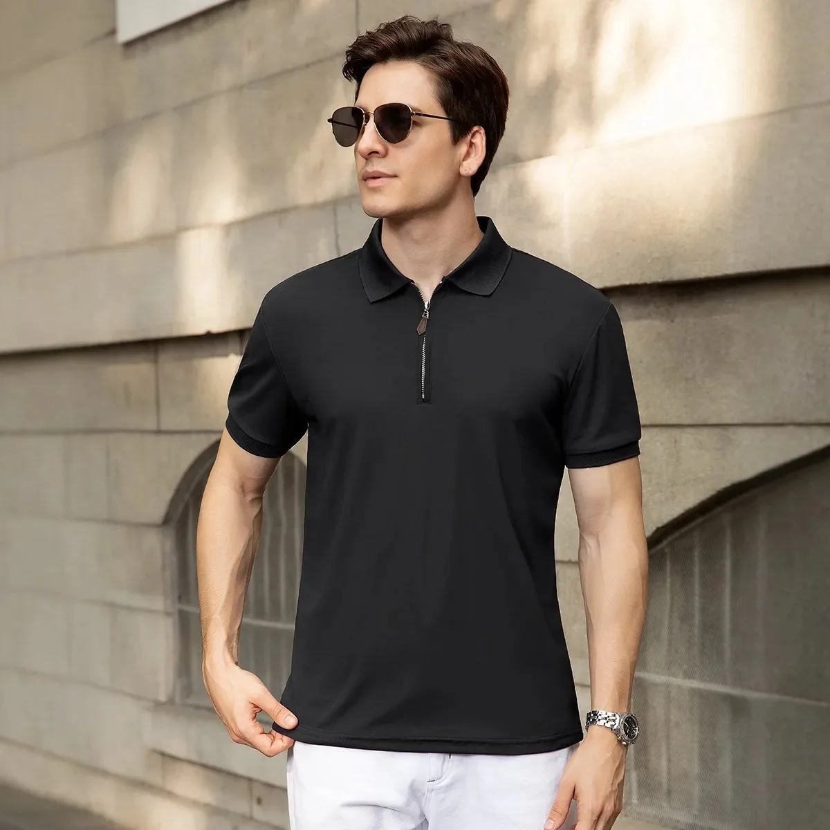 

Summer Men's Solid Color Polo Shirt Short Sleeve Turn-Down Collar Zipper Tshirts &for Men Casual Streetwear New Male Tops