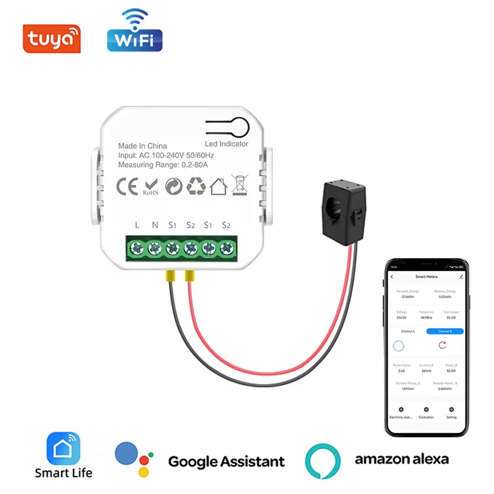 

Tuya WiFi Energy Smart Meter 1/2 Channel 80A Current Transformer Solar PV System Power Production Consumption Monitor