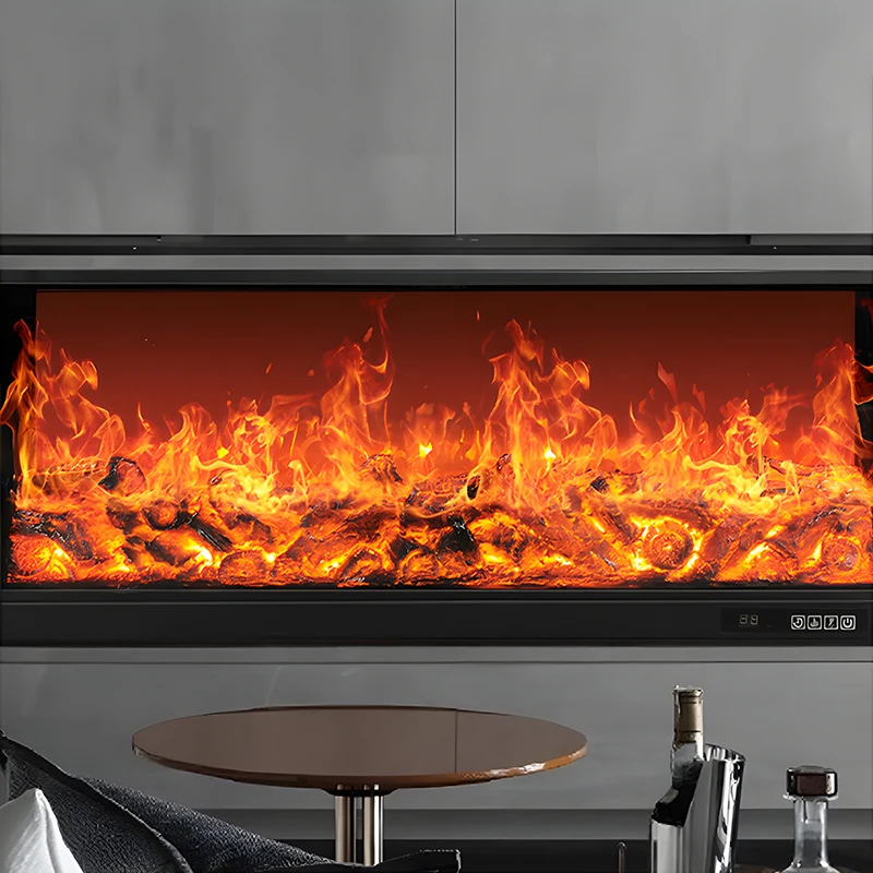 เตาผิงในร่ม 2D เปลวไฟจริงตกแต่งเตาผิงไฟฟ้าติดผนังไฟฟ้าแก้วโมเดิร์นเตาผิงถ่านไม้