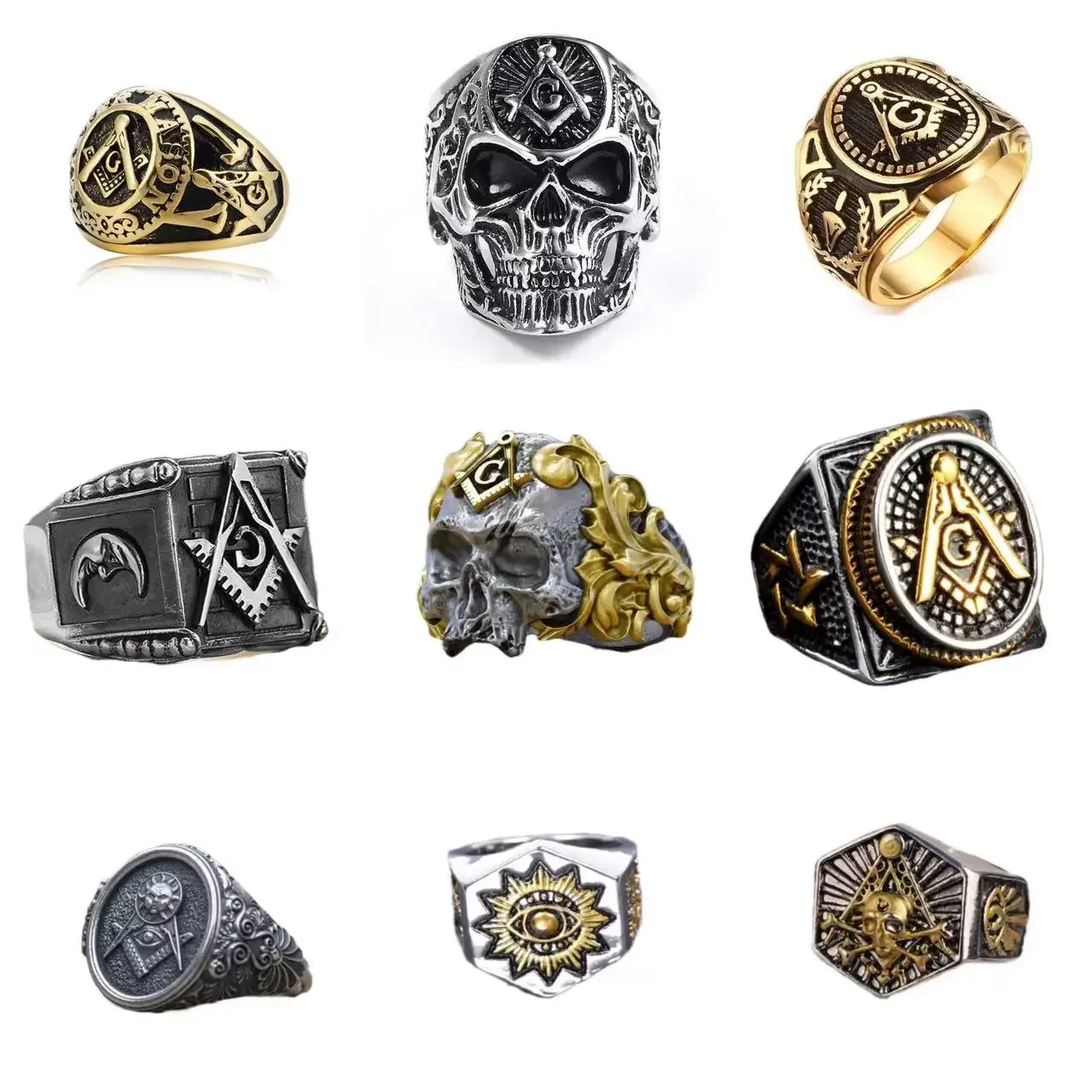 Vintage Masonic Freemasonry Ring for Men Silver Color Stainless Steel Jewelry All-seeing Eye Skull Shaped Mysticism Punk Gift