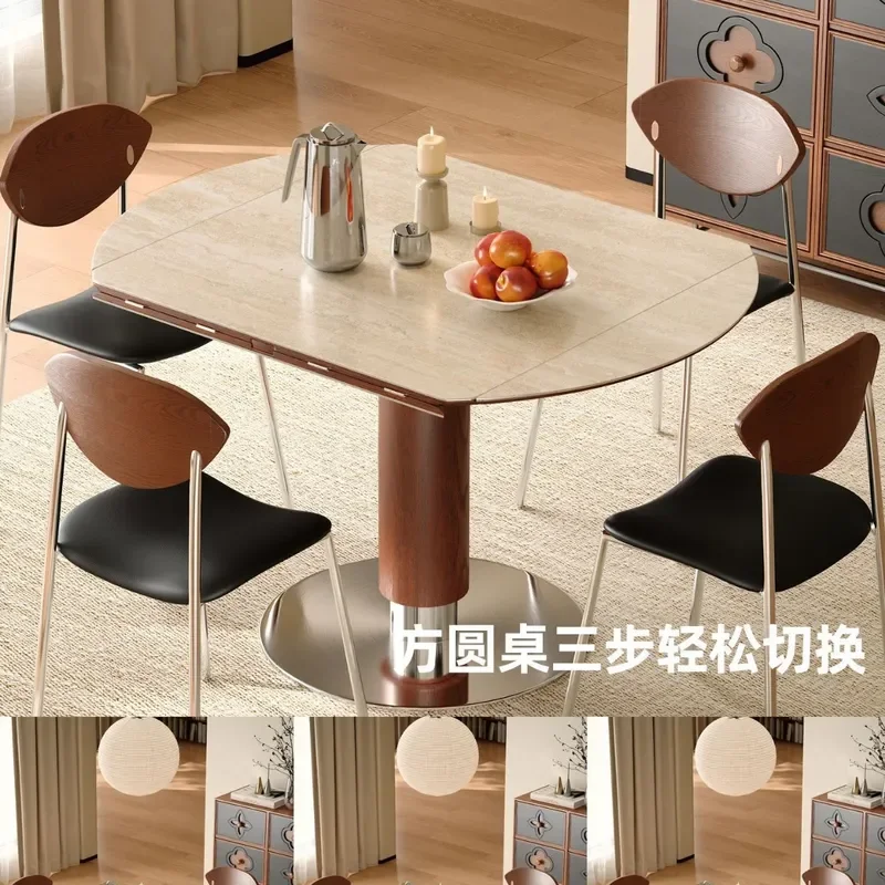 for Medieval Walnut Solid Wood Small Household Variable Round Table Telescopic Folding Multi-functional Rock Slab Dining