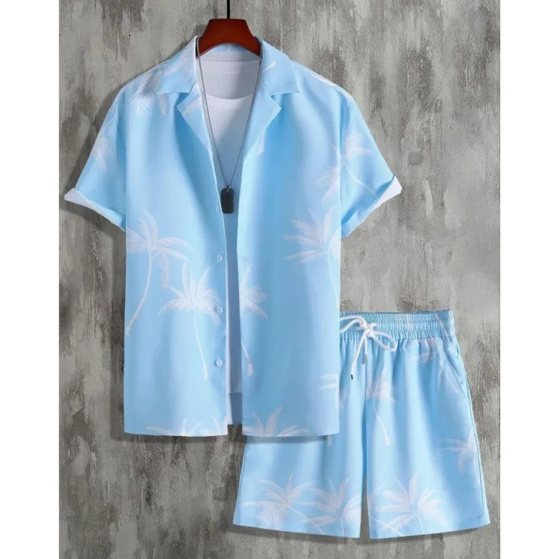 

Men's Summer Streetwear Shirt Sets 3d Print Beach Coconut Tree Plaid Lapel Short Sleeve Casual Shirt Beach Shorts Hawaiian Suits