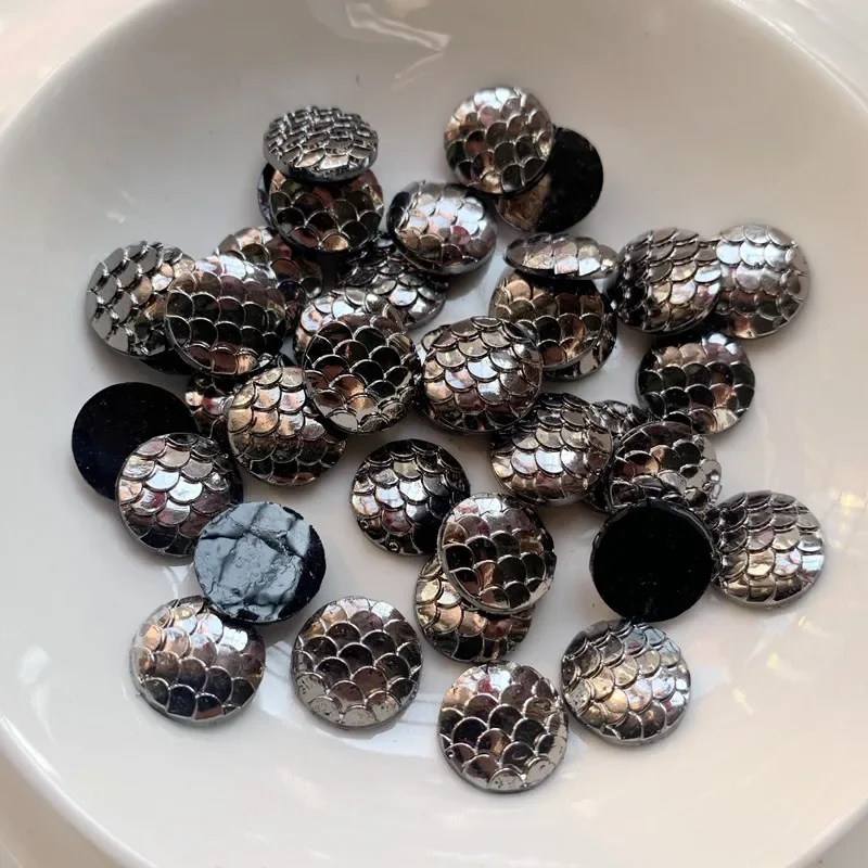 80PCS 12mm black metal Colors Mermaid Fish Scale Flat back Rhinestone Round Cabochon Embellishment Scrapbooking DIY Crafts
