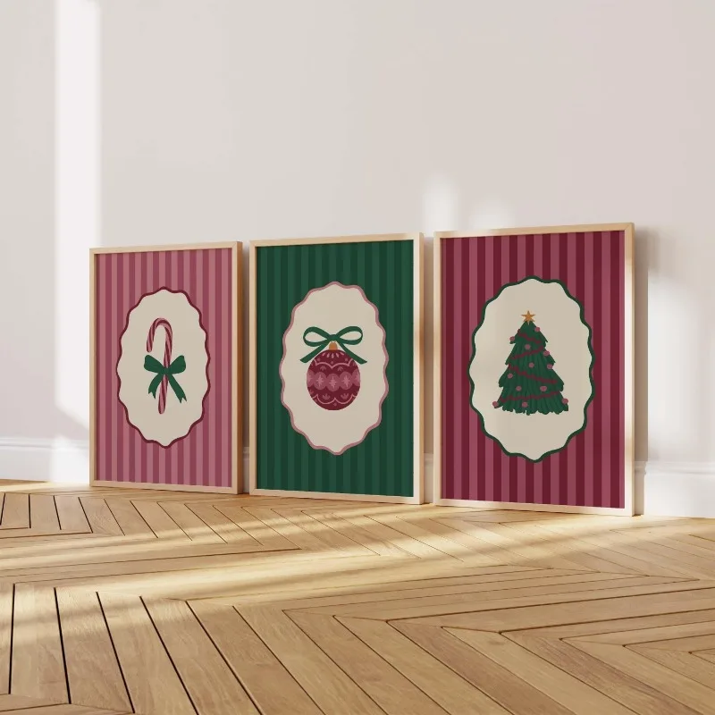 3pcs Retro Striped Christmas Wall Art Candy Cane Bauble Xmas Tree Bow Print Vintage Festive Holiday Home Decor Unframed Canvas