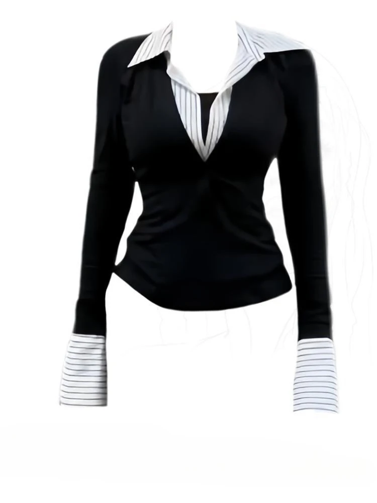 

Korean Oversize Fake Two Piece V-neck T-shirts for Women Early Autumn Fashion New Top Mujer Vintage All-match Slim Fit Tee Shirt