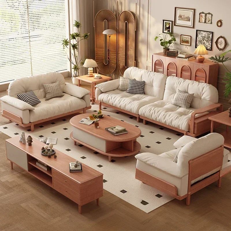 Walnut solid wood sofa living room small apartment straight row sofa winter and summer dual-purpose wooden furniture