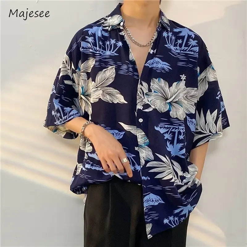 M-3XL Oversized Shirts Men Harajuku Hot Sales Fashion Retro Print Chic All-match Thin Summer Half Sleeve Holiday Cozy Tops BF