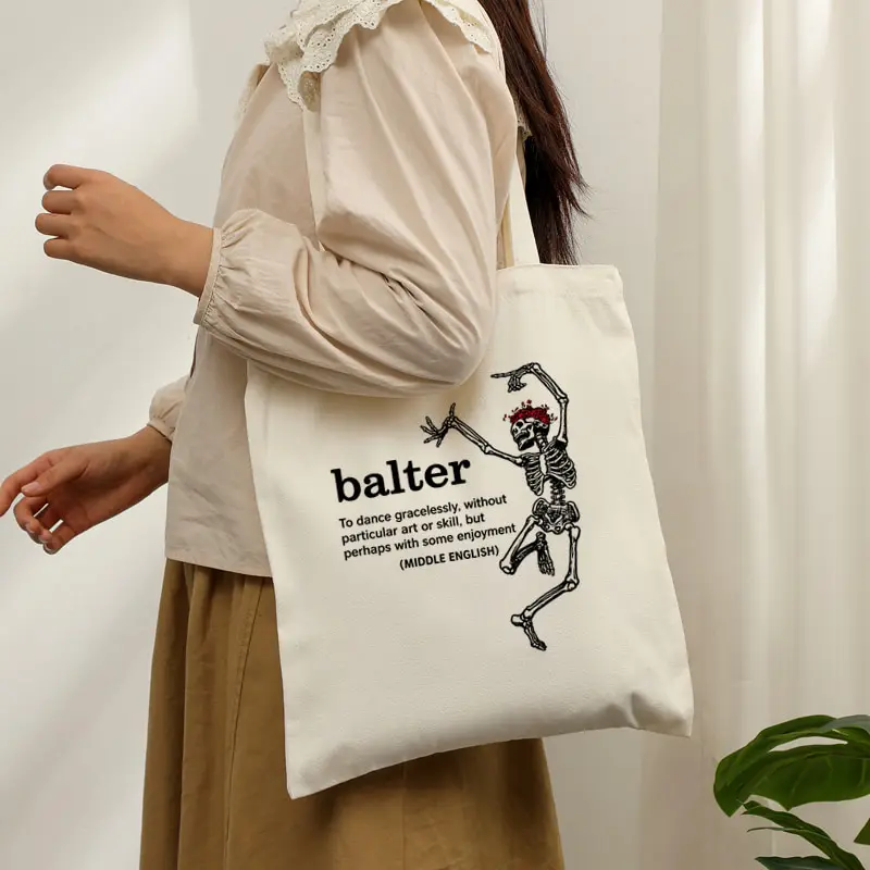 Balter Dancing Skeleton Canvas Tote Bag Vintage Skeleton Print Definition Text Shoulder Shopping Bag Gothic Halloween Handbag