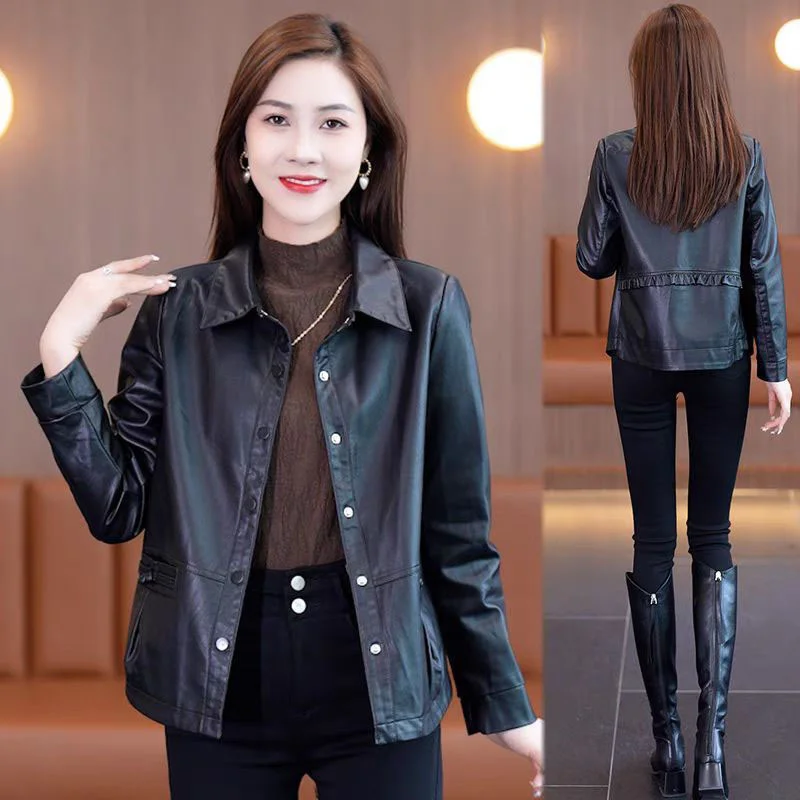 2025 nueva chaqueta de cuero Pu para mujer, corta coreana para primavera y otoño, informal, combina con todo, chaquetas de cuero de un solo pecho para mujer, Top exterior