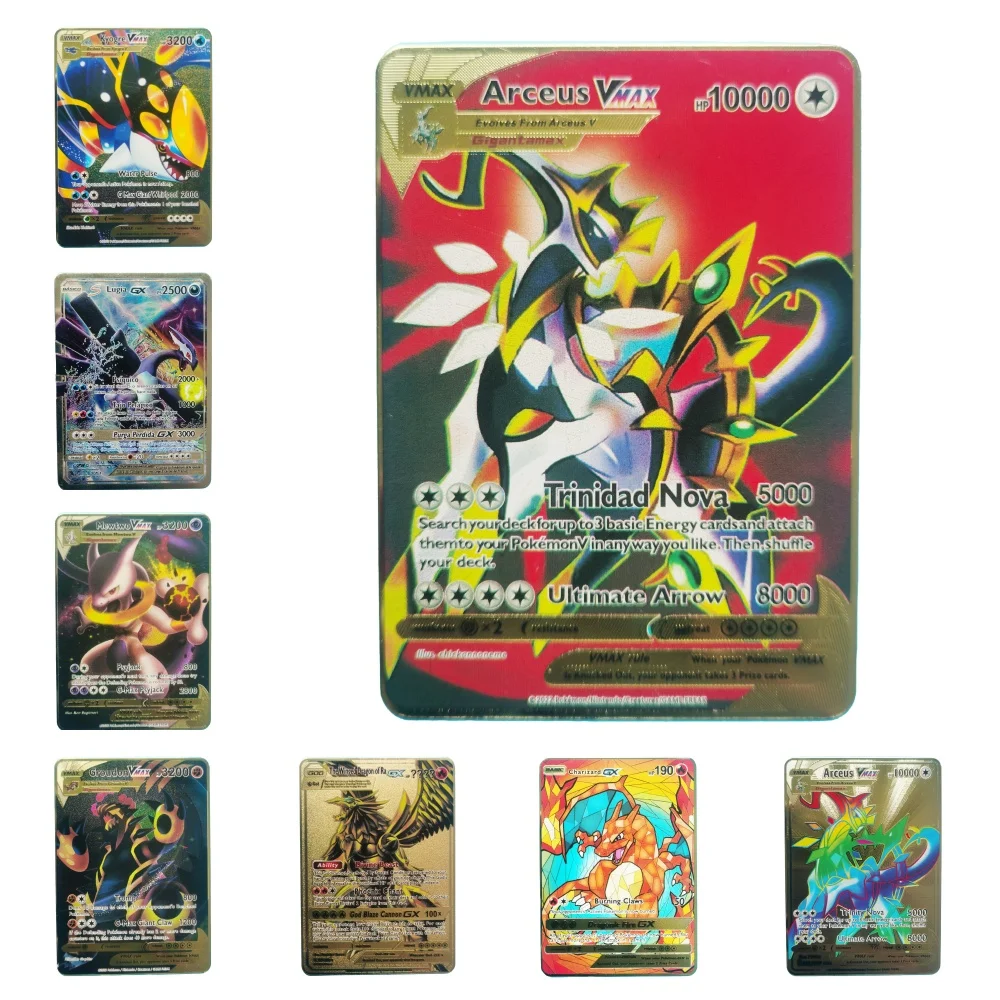 20 Style Pokemon New Cards Gold Metal Pokemon Cards  English Hard Iron Cards Mewtwo Pikachu Gx Charizard Vmax Package Game Coll