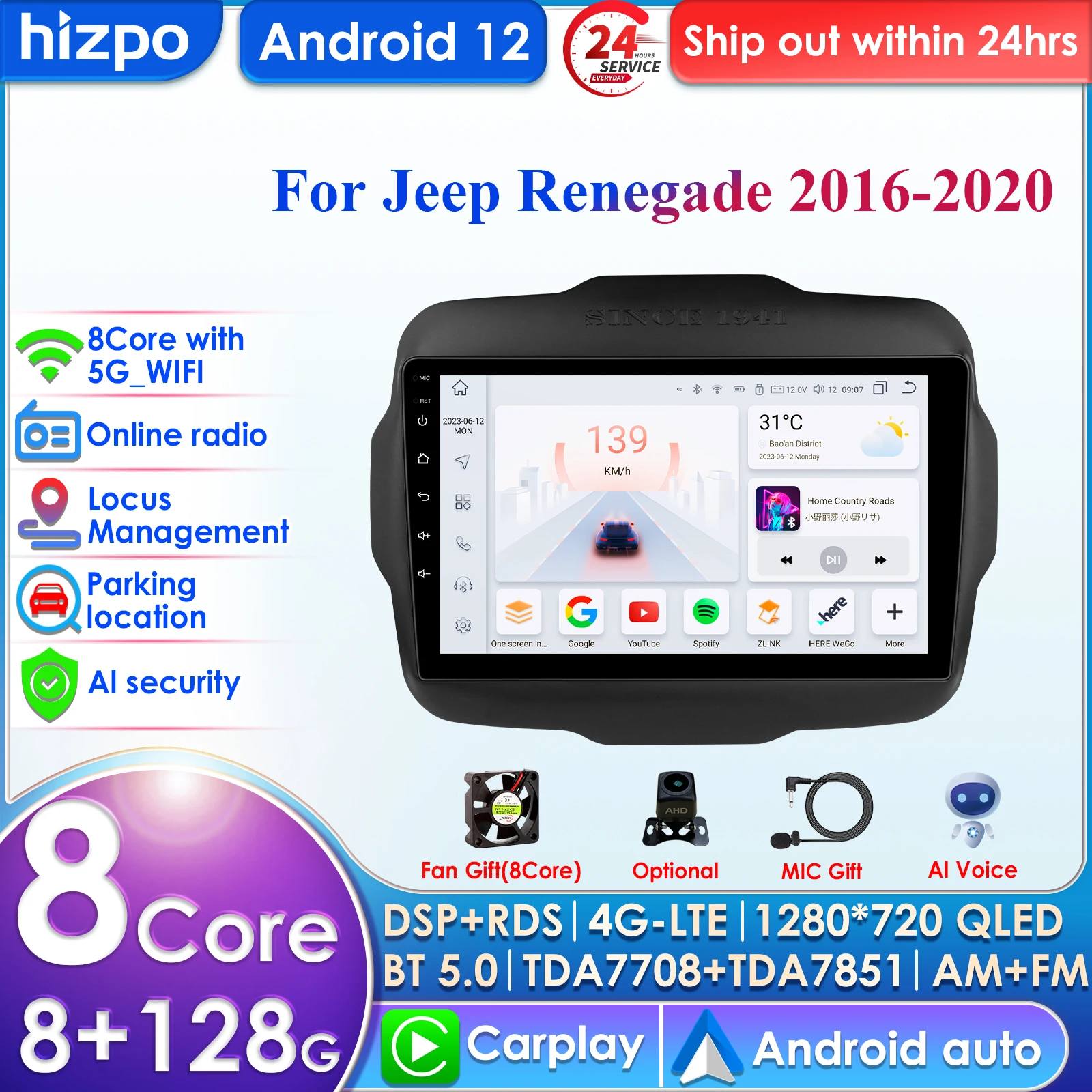 

Hizpo Carplay 4G 9 ''10,33'' 8 + 128G 2din Android Автомагнитола для Jeep Renegade 2016 - 2020 мультимедийный видеоплеер Авторадио аудио