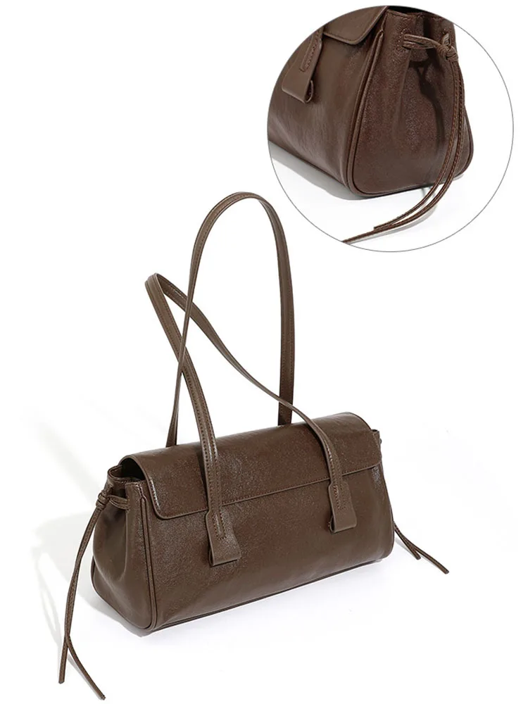 

Genuine Leather Shoulder Bag For Women, Large Capacity Cowhide Luxury Handbag Long Strip Black Baguette Bag Female 2025