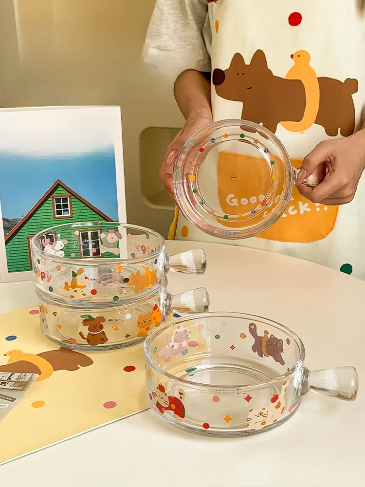 

Creative Single-Handle Glass Bowl for Oven And Microwave Rice Casserole Salad Bowl Ins Sle Fruit And Vegetable Bowl