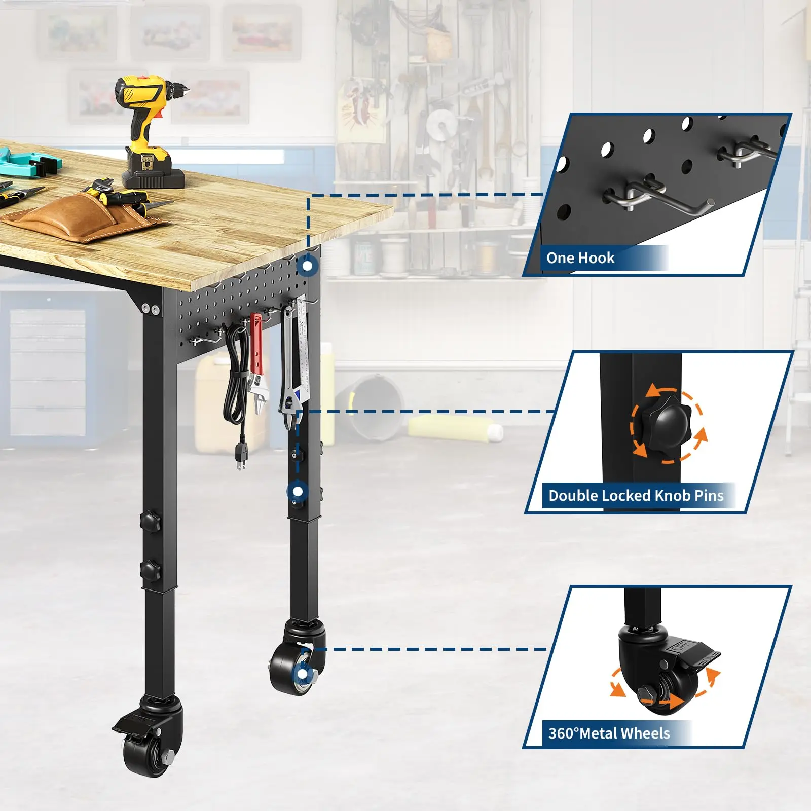 48/60" Adjustable Work Bench for Garage Workstation with Hooks/Power Outlets/Wheels,2000 Lbs Rubber Worktable for Workshop Garag