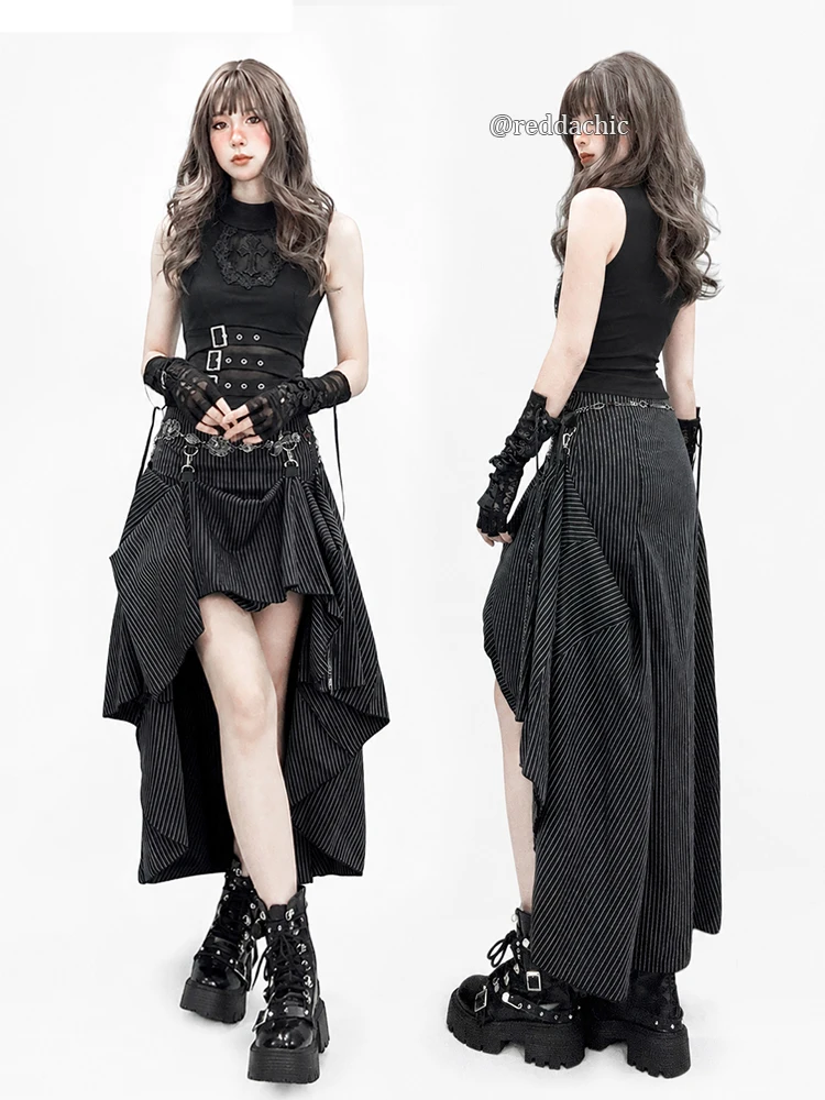 REDDACHiC Gothic Cross Tank Top Bustle Skirt Women Set Punk Lace Hollow Mock Neck Top Hi-Lo Skirt Party Music Festival Outfits view 6