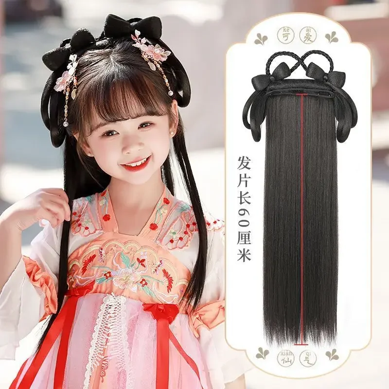 Children Cosplay Hanfu Wigs Girls Chinese Ancient Hanfu Wigs Cosplay Kids One Piece Lazy Black Long Hair Wig Headband For Girls