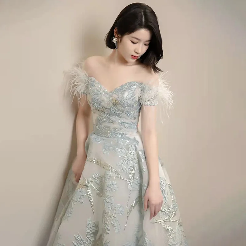 Light Blue One Shoulder Evening Dress 2025 New Spring Host Style Performance Vocal Art Exam Dress Annual Meeting Dress