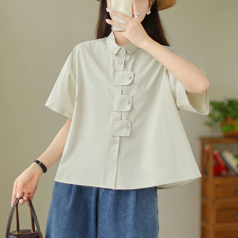 Corte holgado Color puro abotonada ort Sve irt para mujer diseño de verano versátil Casual algodón irt ropa de oficina de moda