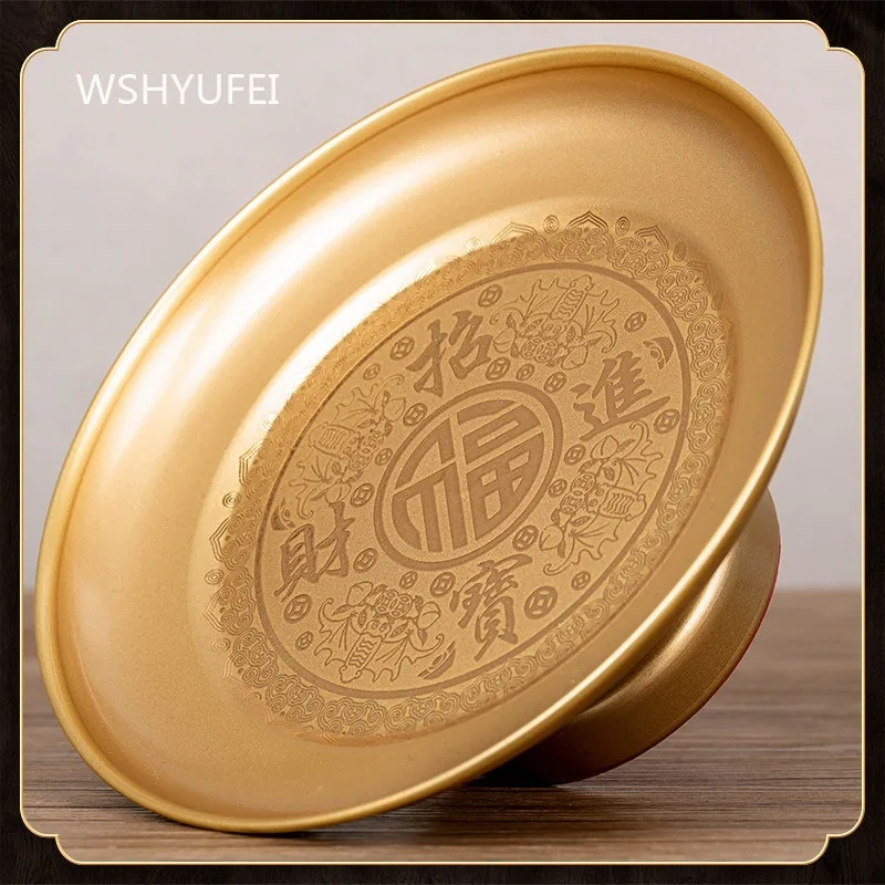 Golden Offering Fruit Plate Attracting Wealth with High Feet Buddha Hall Tribute Plate Religious Supplies Desktop Tray
