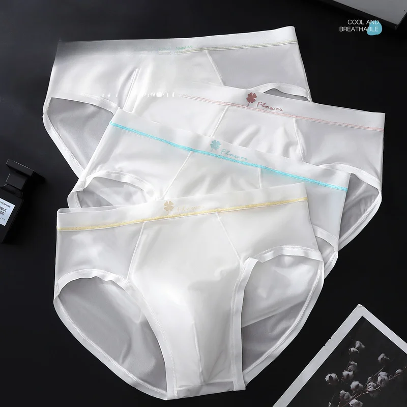 Male Sheer Ice Silk Triangle Briefs Flower Detail Waist Lightweight Breathable Low Rise Soft Men Underpants