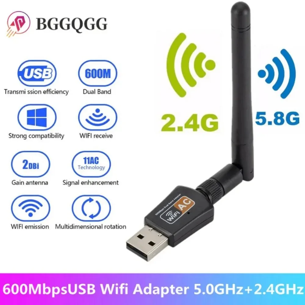 BGGQGG Dual Band 600Mbps USB Wifi Adapter 2.4GHz 5GHz WiFi with Antenna PC Mini Computer Network Card Dongle PC Network Card