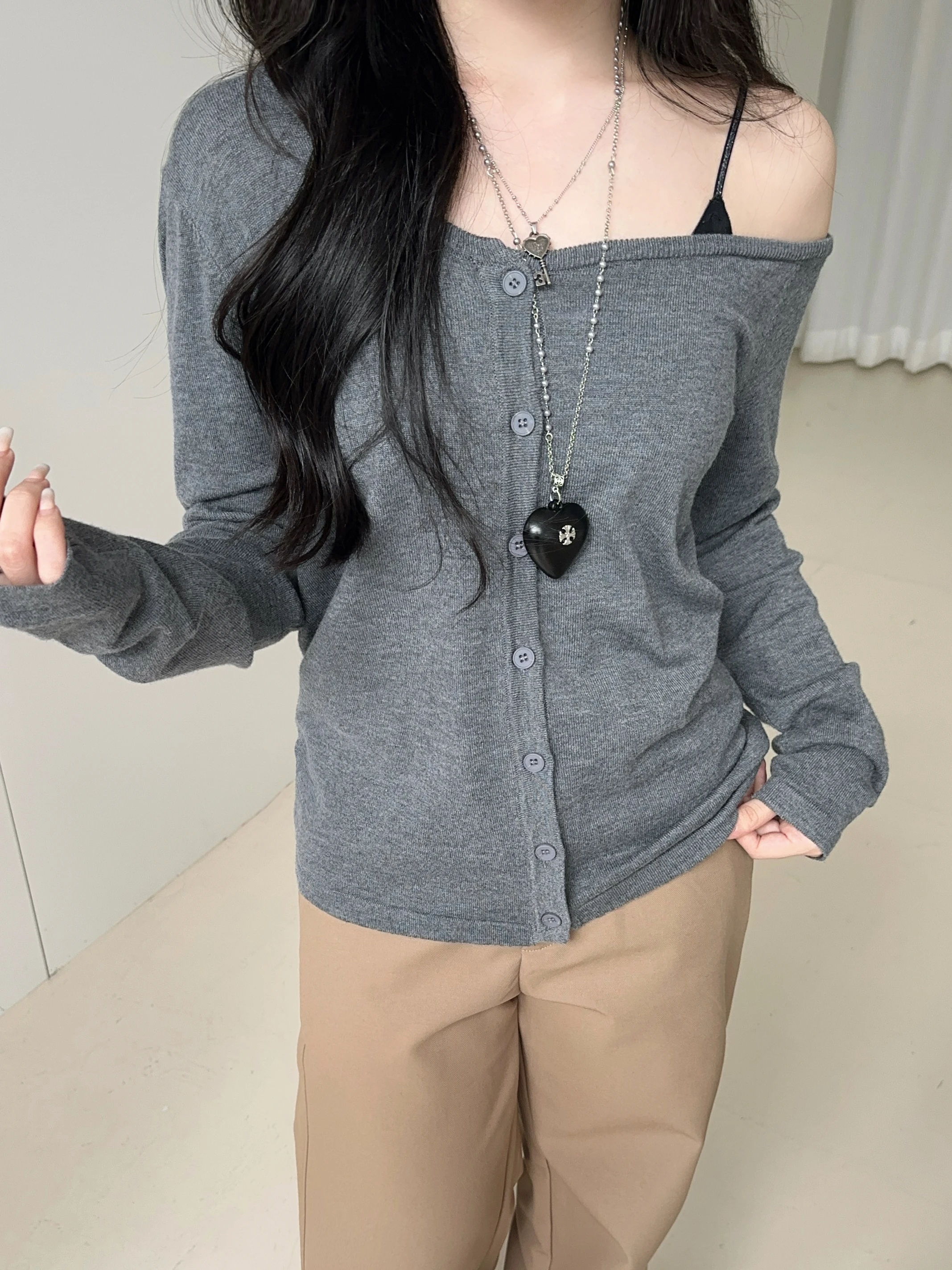 

Lightweight Knitted Shoulder Bared Long Sleeve Woolen Top Irregular Korean Style Women's Casual Wear Soft Wool Blend Spring