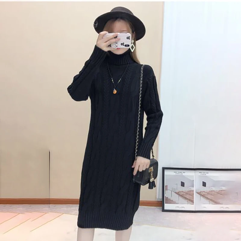 Autumn And Winter New Double Velvet Highnecked Over-the-knee Sweater Female Loose Long Sweater Long Skirt With Thick Coat Female