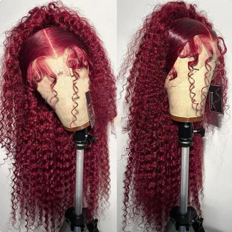 Zachte Glueless Pretokkelde Lange Bordeauxrode Natuurlijke 26Inch Kinky Curly 180 Dichtheid Kant Voorkant Pruik Voor Zwarte Vrouwen Babyhaar Dagelijks