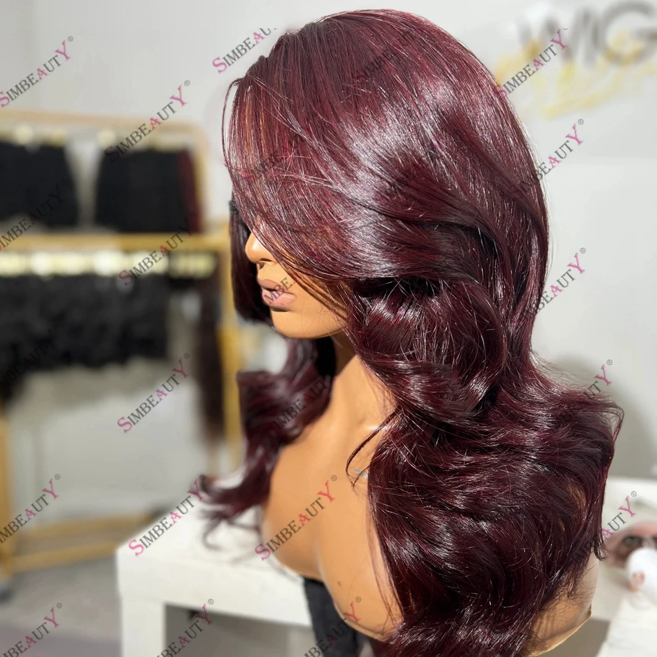 Perruque Péruvienne Remy en Cheveux Naturels Ondulés Bordeaux, Densité 180, avec Ouverture Droite, pour Femme