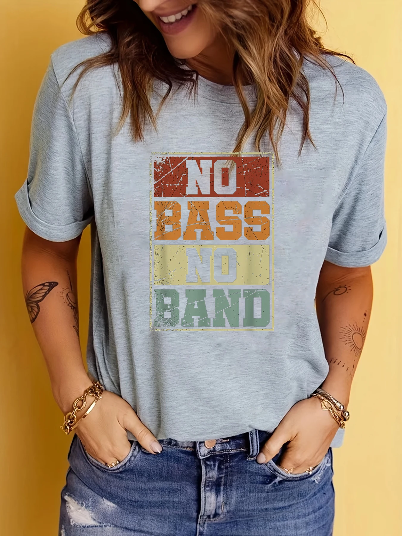 Womens No Bass No band Bass Player Print T-Shirt Fashion Women\'s Team Short-Sleeved Round Neck T-Shirt Oversized T Shirt