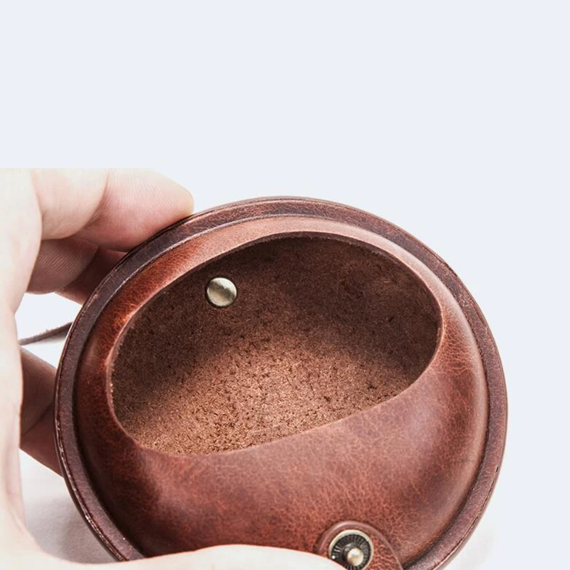 Round Small Coin Purse Data Cable Earphone Storage Bag Protective Pocket Medieval Retro Men Women Genuine Leather Wallet