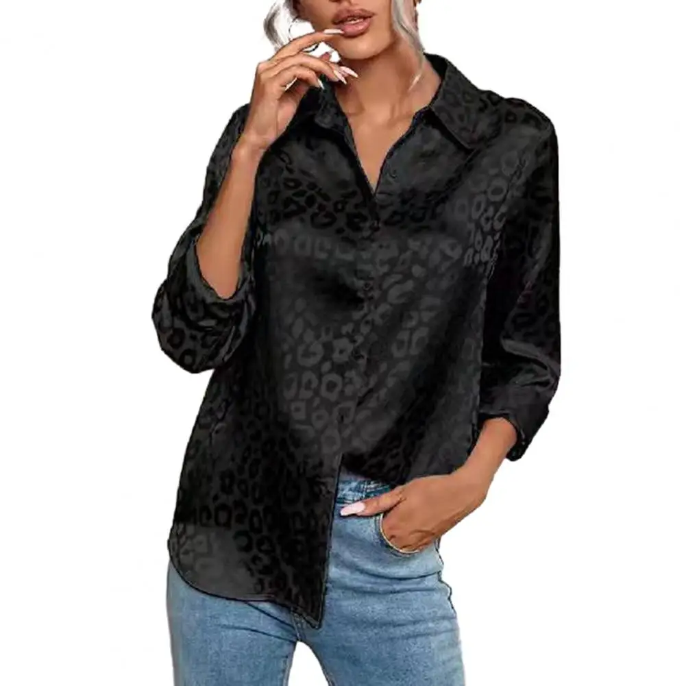 Loose Fit Leopard Print Top Leopard Print Long Sleeves Lapel Cardigan Women\'s Formal Business Style Blouse For Spring Smooth