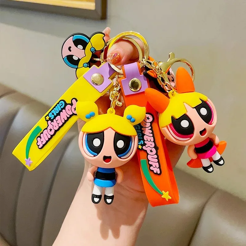 Cute Powerpuff Girls Figure Keychain Anime Cartoon Keyring Jewelry Pendent Car Key Accessories Ornament Toy Xmas Gift for Kids