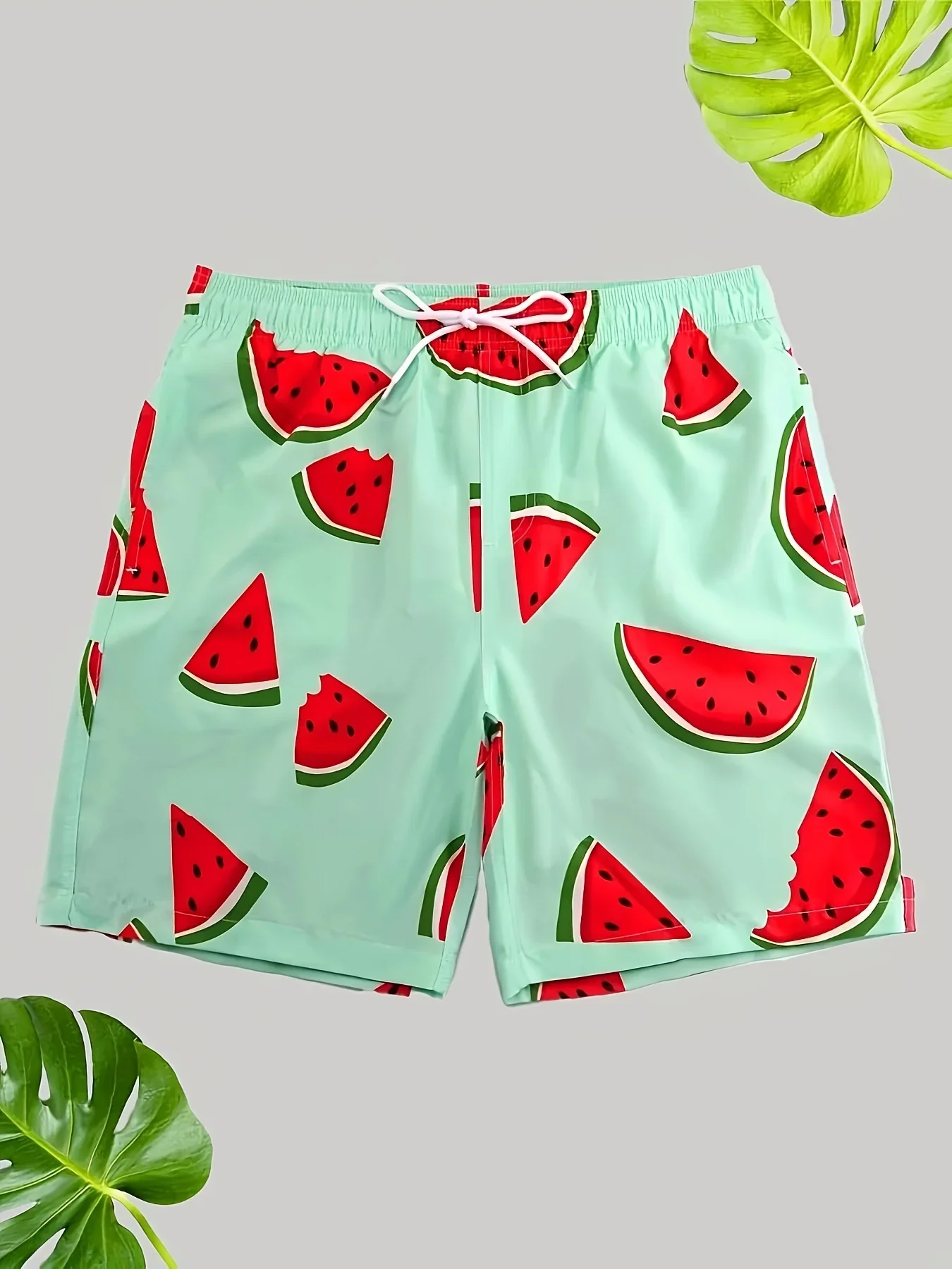 Plus Size Hawaii Watermelon Slice Swim Trunks Skin Friendly Quick Dry Material Hidden Side Pockets Wide Leg Shorts