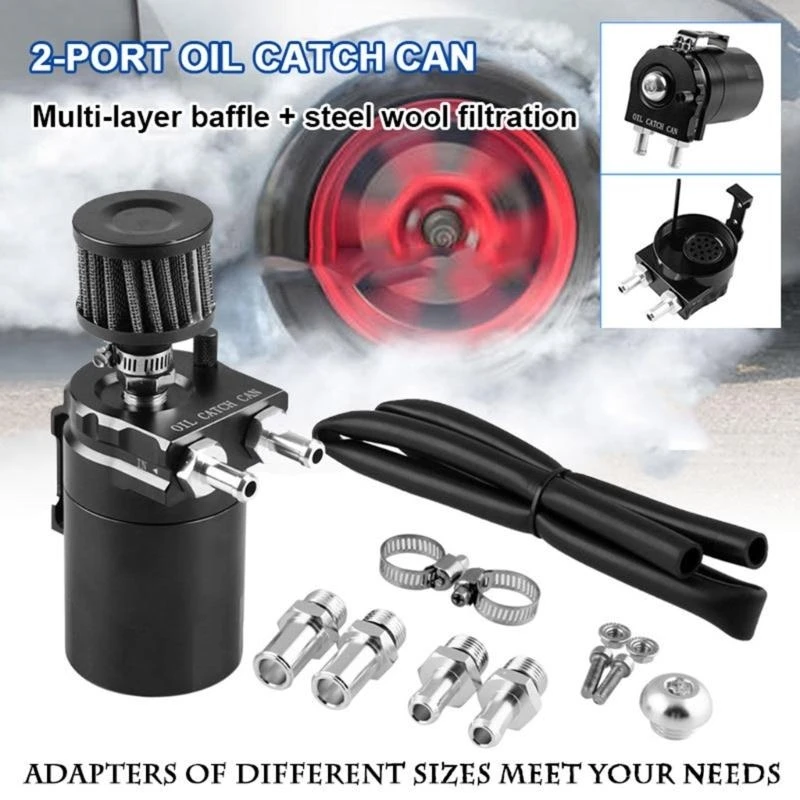 

P5ED Universal Oil Catch Can for Tank with Breather 300ml Aluminum Dual Cylinder Polish Baffled Engine Air Oil Separator for