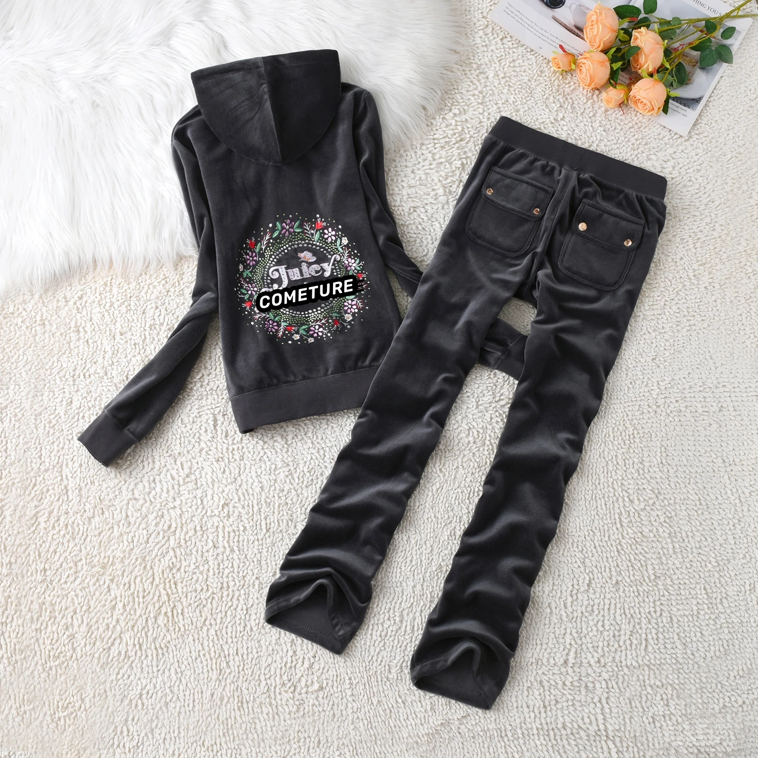 2025 New Juicy Cometure Velvet Tracksuit Embroidered Crystal Flower Pattern Hooded Sweatshirt Casual Sports Velvet Suit 2pc