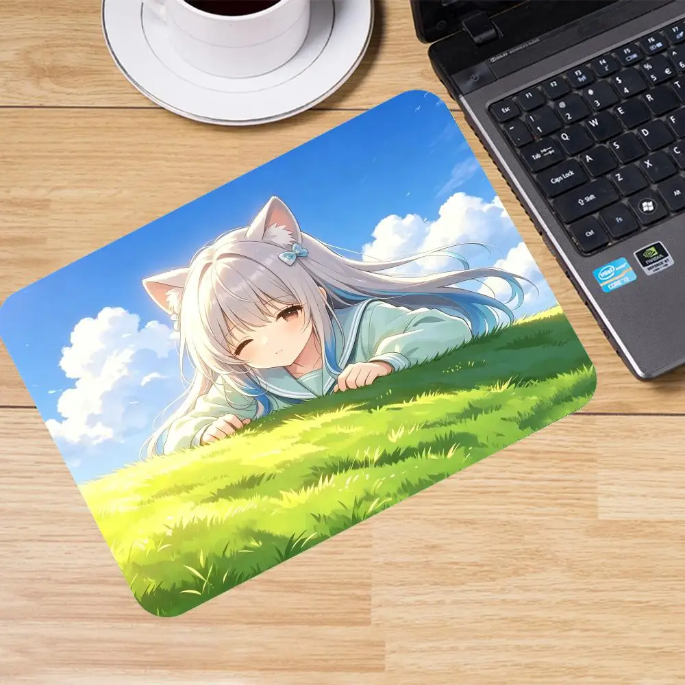 Cute Orange Short Hair Anime Girl Square Mousepad Sunny Grass Hill Blue Sky Desk Mat