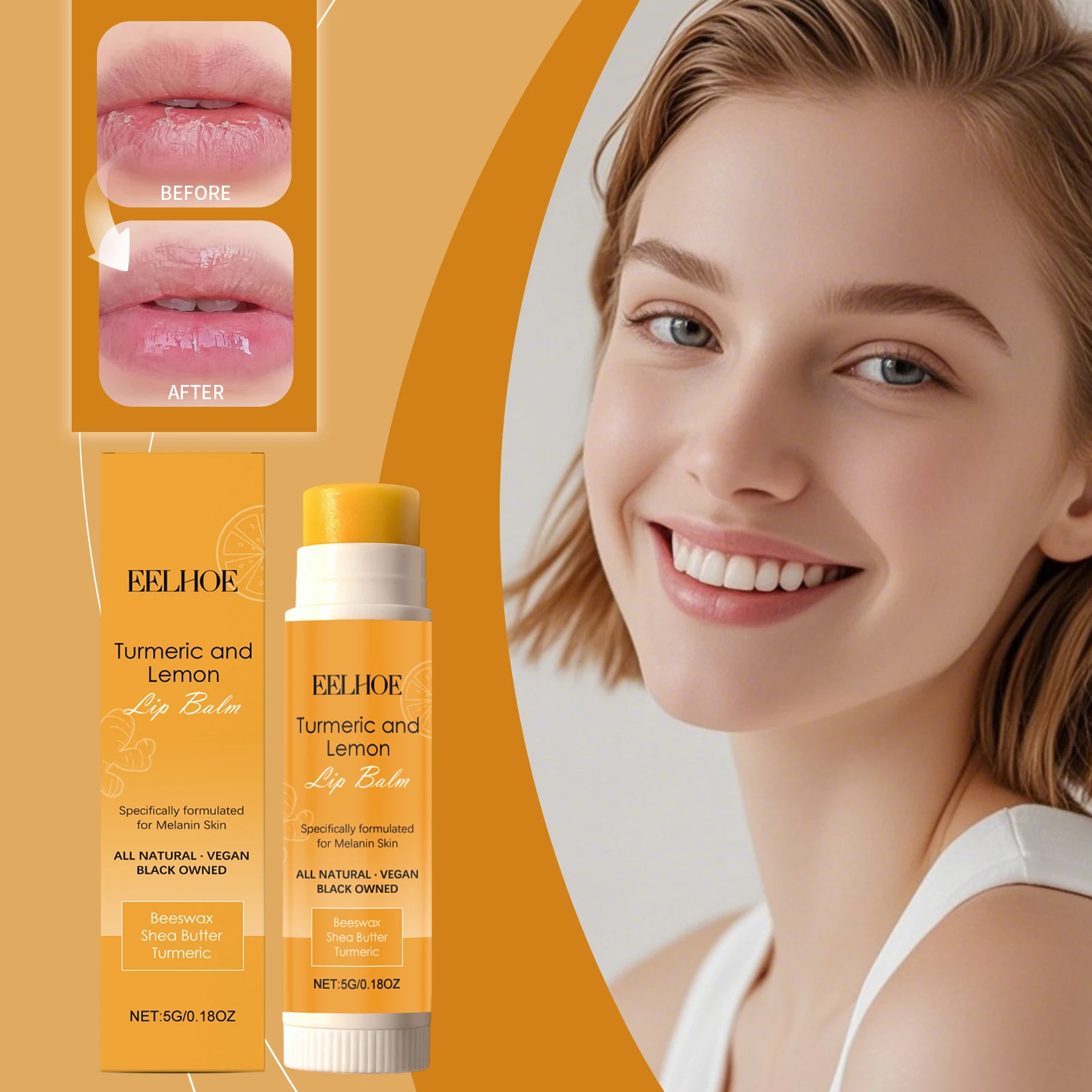 EELHOE الكركم الليمون بلسم الشفاه جميع الطبيعية نباتي ترطيب العناية بالشفاه الداكنة شمع العسل وزبدة الشيا العناية بالشفاه 5 جرام