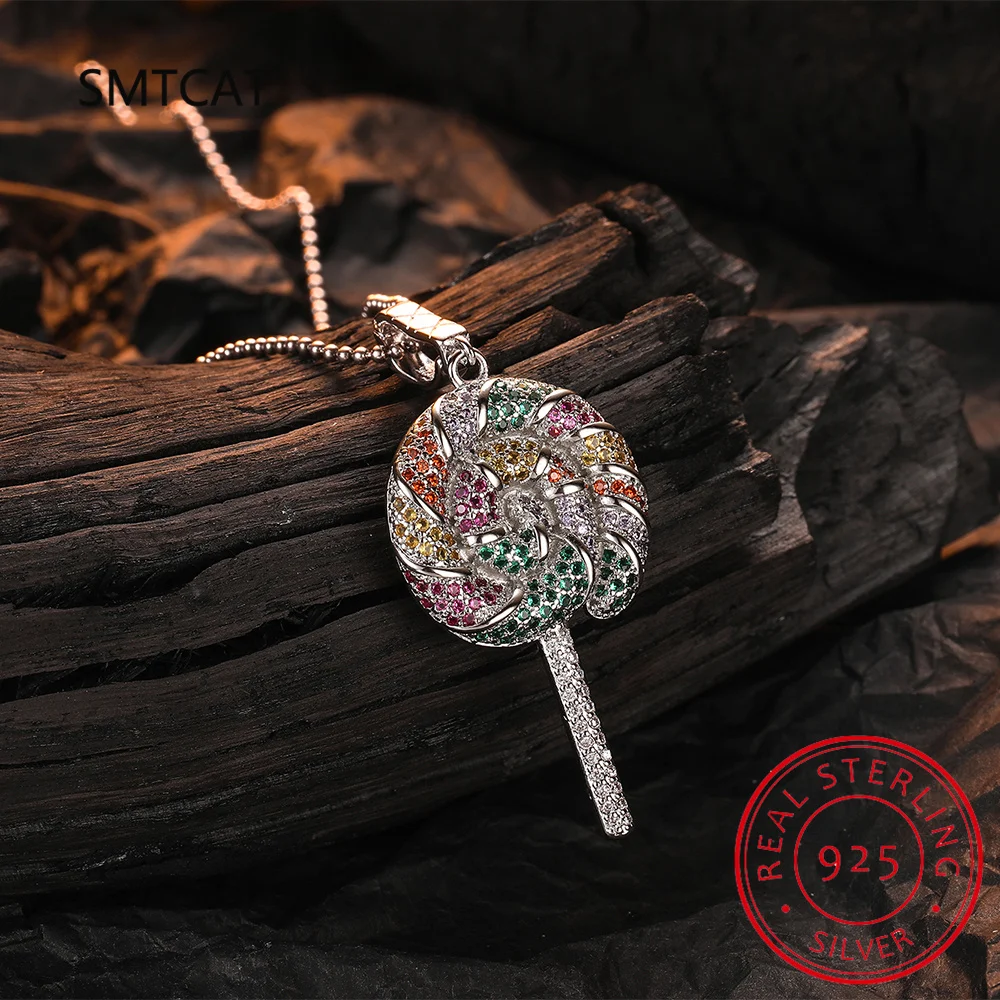 

925 Sterling Silver Rainbow Colorful Zirconia Lollipop Pendant Necklace Fashion Neck Chain For Women Fine Jewelry Colar de Prata