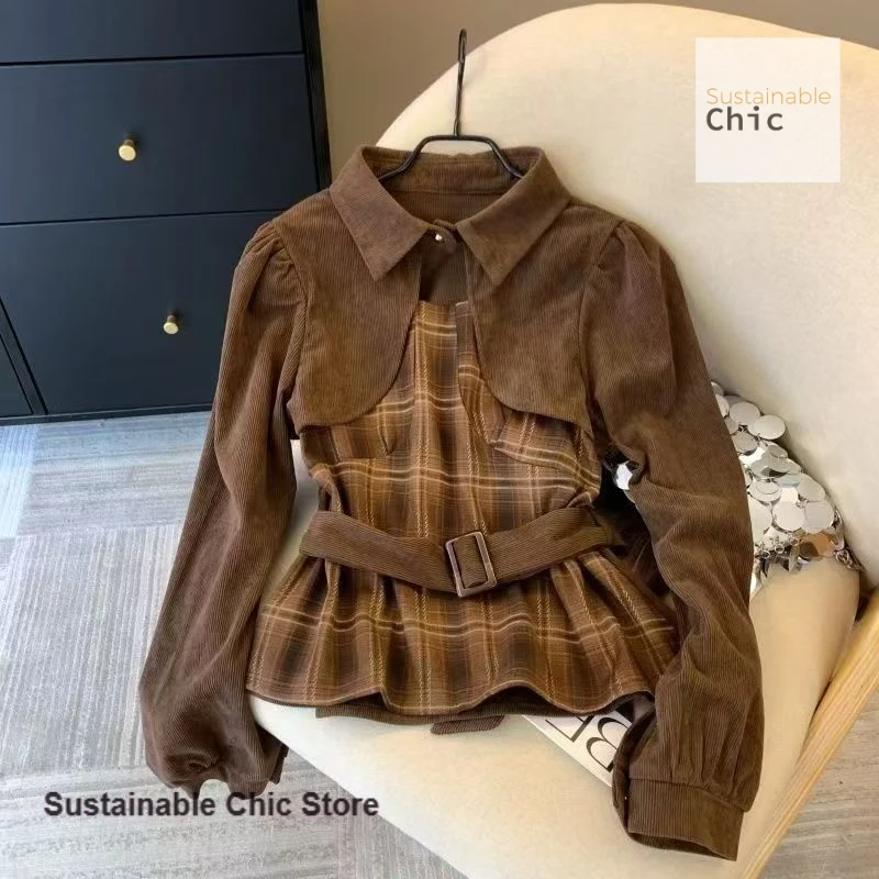 Damskie koszulki z długim rękawem w stylu francuskich Spice Girls, imitacja dwuczęściowej bluzki, nowa jesienno-zimowa moda, casualowe topy z ozdobnym dekoltem.